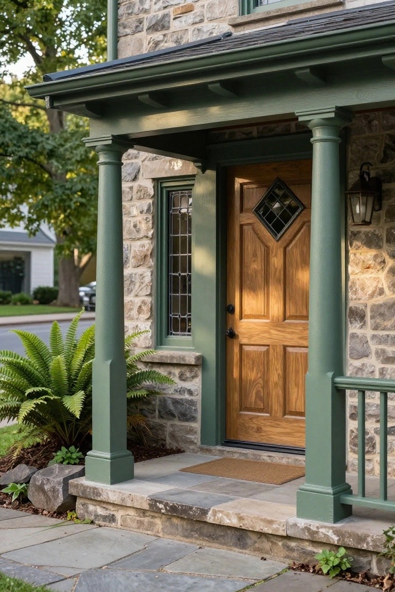 Stone house facade with sage green painted porch columns and trim, wooden front door featuring a diamond glass panel, flanked by leaded glass sidelight, ferns and rocks at the entry steps.