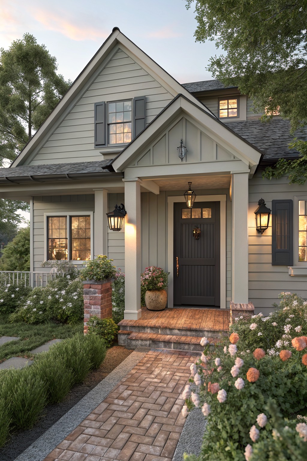 Gray clapboard ranch-style house exterior with covered front porch, dark paneled door, black lanterns, brick steps, brick paver path, and flowering shrubs at dusk.