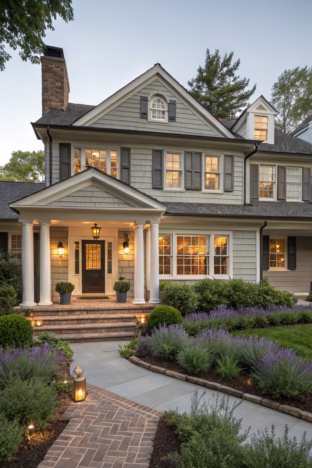 Gray shingle-style house exterior with white column-supported front porch, dark wood entry door flanked by lanterns, stone steps, brick pathway, lavender plants, and landscape lighting at dusk.
