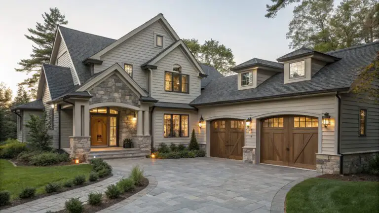 Gray shingle siding on a house exterior with stone base around wooden arched garage doors and entry door, bluestone paver driveway curving into landscaping with shrubs and trees at dusk.