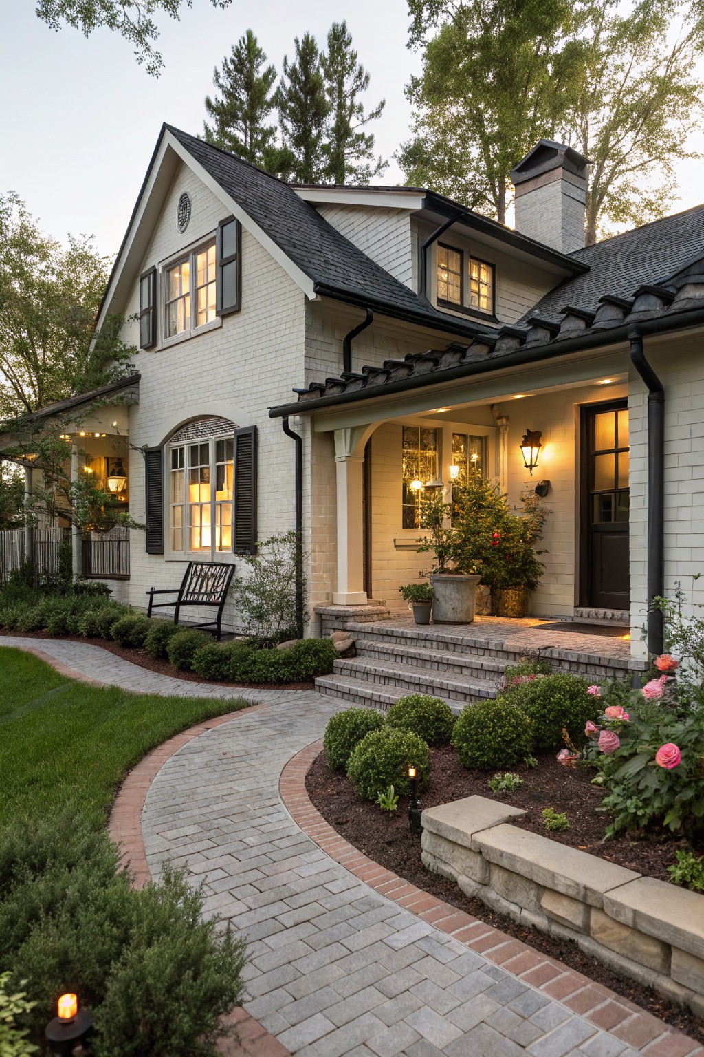 White brick ranch-style house exterior at dusk with dark roof and trim, elevated wooden porch accessed by brick steps, curved brick walkway edged in shrubs and flowers, potted plants on porch, and landscape lighting.