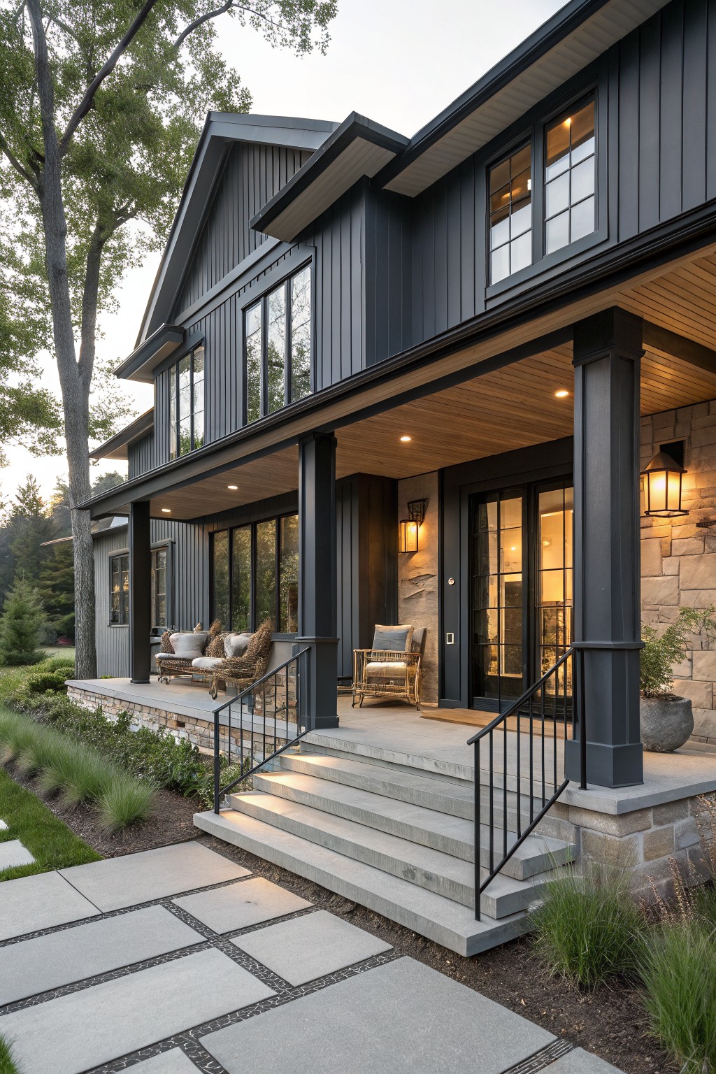 Two-story house exterior featuring dark gray board-and-batten siding, a covered front porch with wooden ceiling and black posts, stone foundation accents, concrete steps with black metal railing, wicker furniture on the porch, and low landscaping nearby.