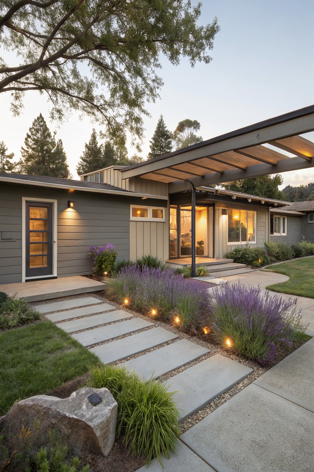 Gray Ranch Entry with Cantilevered Canopy