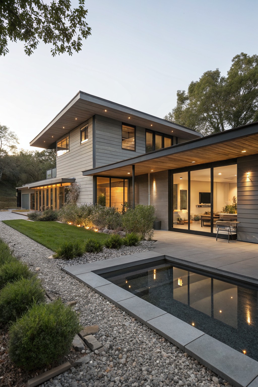 Gray modern ranch house exterior featuring wood overhanging eaves, large glass walls and doors opening to a stone patio with reflecting pool, gravel paths, shrubs, grass, and oak trees at dusk.