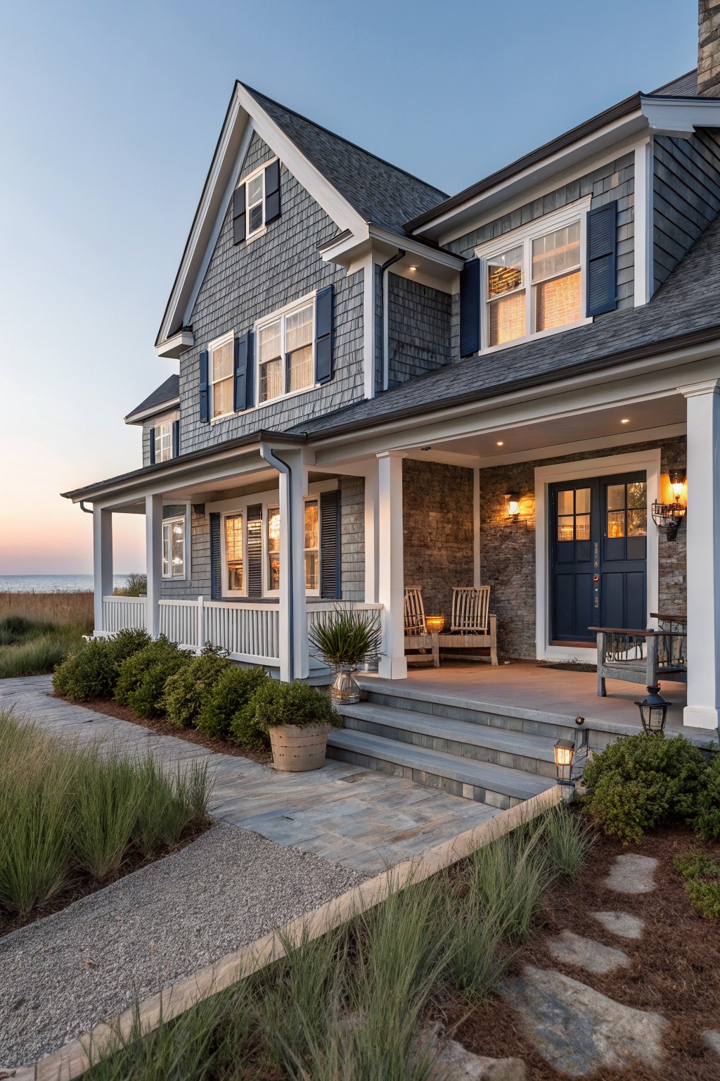 Gray shingled two-story house with white trim, covered front porch supported by columns, blue door with stone surround, potted plants on porch, stone steps, gravel path with beach grass, and ocean in background at dusk.
