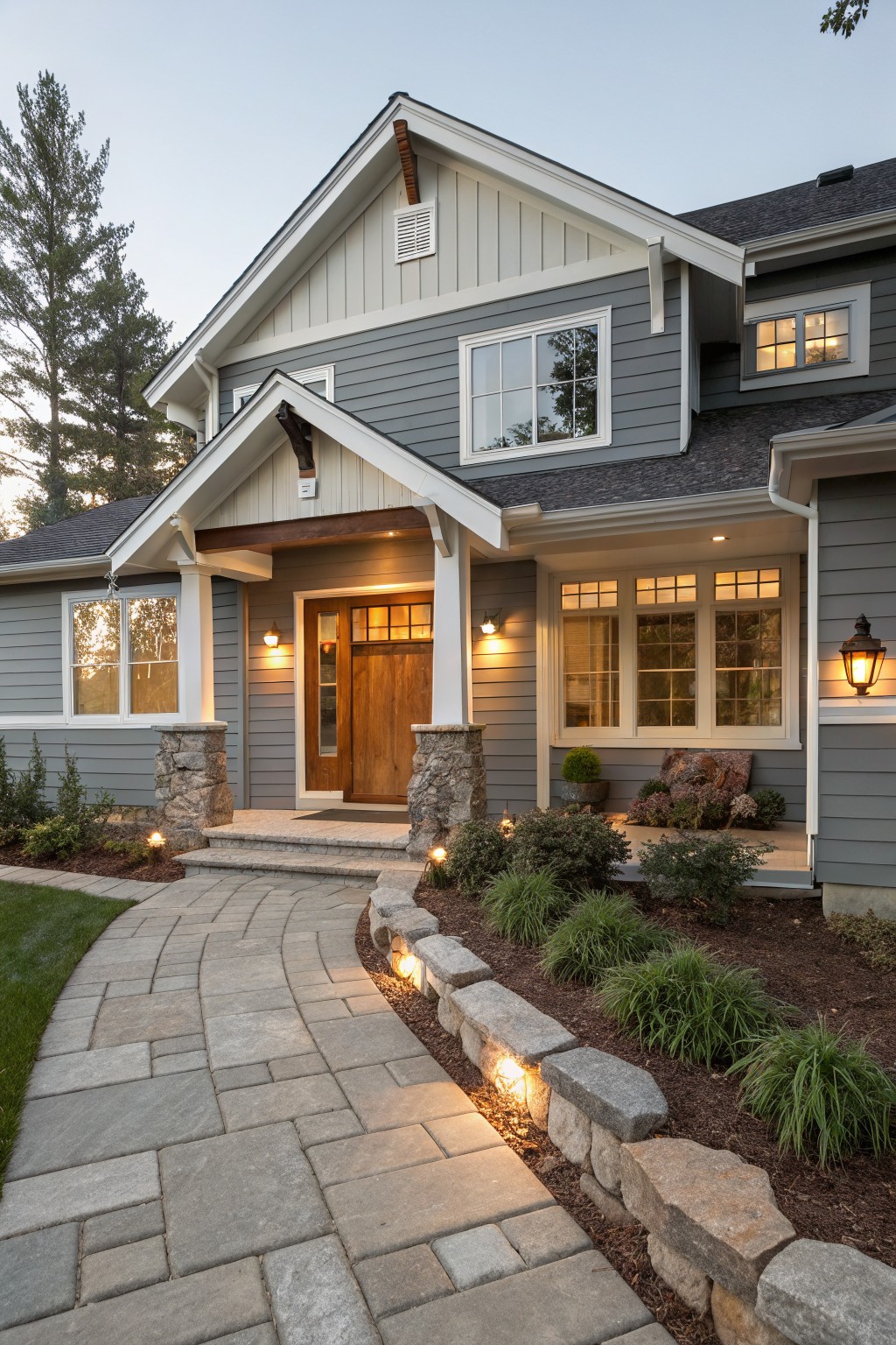 Front view of a two-story gray shingle-style house with white gabled entry porch supported by stone pillars, wooden front door, multiple windows, curved paver walkway, low plantings, and landscape lighting at dusk.