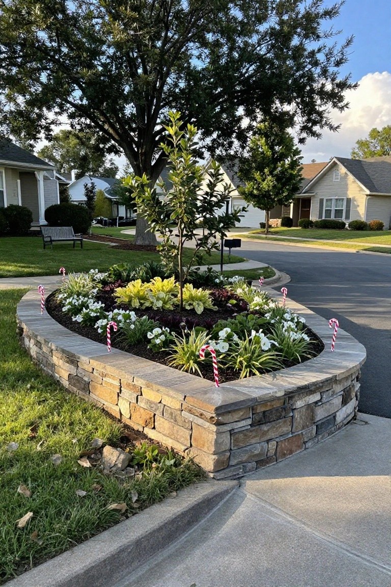 Curved stone wall planter bed with various plants including white flowers, yellow foliage, and a central young tree, edged with red and white candy cane stakes along a neighborhood street corner.