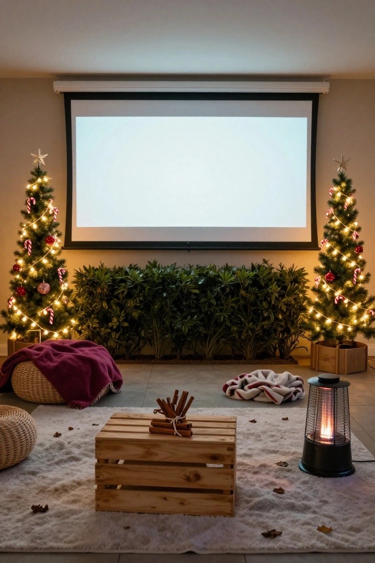Indoor room featuring a projector screen centered between two small lit Christmas trees decorated with red-and-white candy canes, alongside blankets, cushions, a wooden crate table with cinnamon sticks, plants, and a patio heater on a white rug.