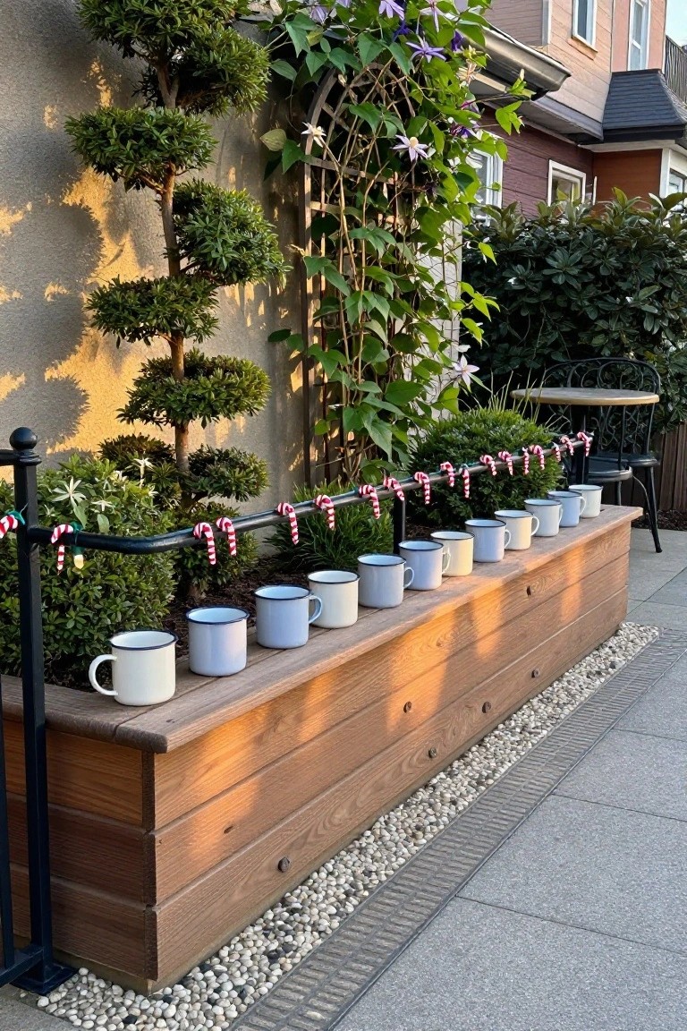 Black metal railing with red and white candy cane garland hanging along it above a long wooden planter box containing a row of white enamel mugs with blue rims, set against greenery and a stone path near houses.