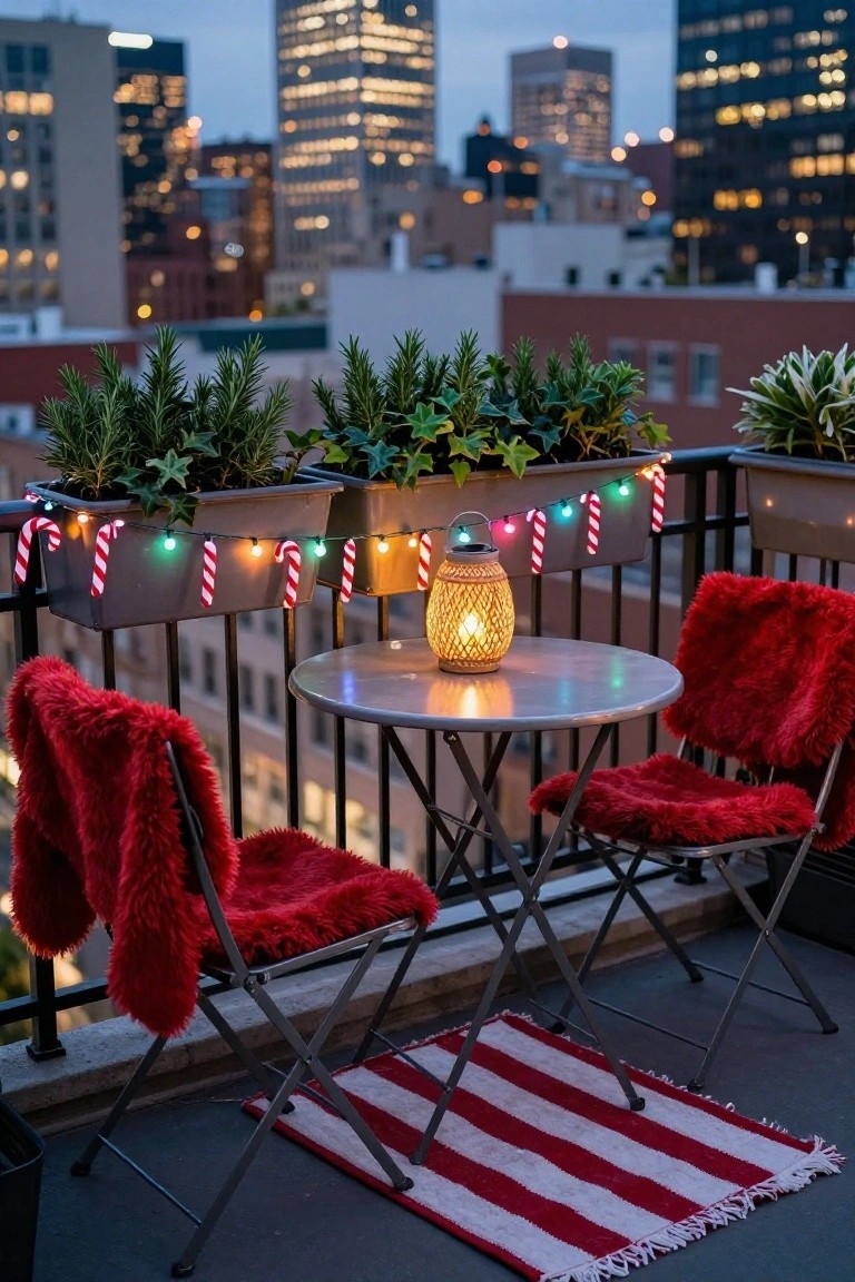 Balcony with green plants in planters wrapped in candy cane string lights along the railing, red fur-upholstered folding chairs around a small round metal table, a lantern on the table, and city skyline at dusk in the background.
