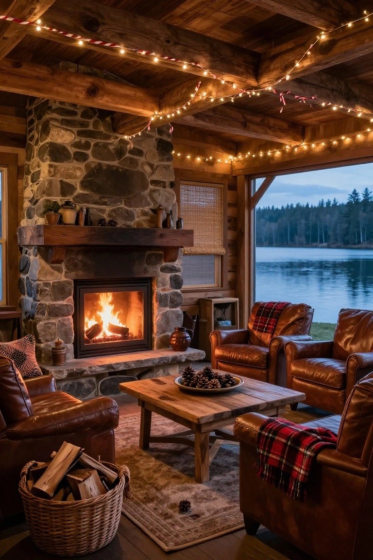 Rustic cabin living room with wooden beams strung with red and white candy cane lights, stone fireplace with fire, leather chairs, wooden table with pinecones, and large windows overlooking a lake at dusk.