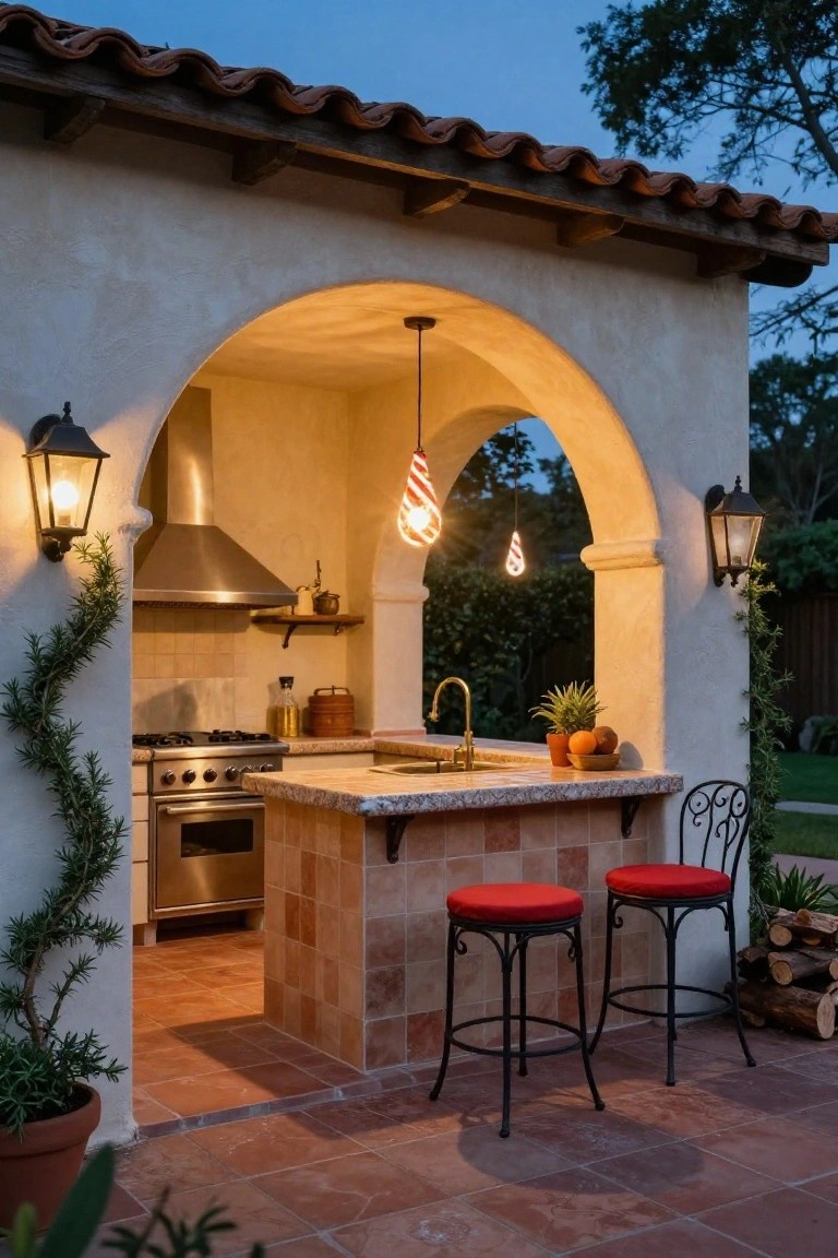 Outdoor kitchen under a white stucco archway with stainless steel appliances, a tiled bar island topped by two red and white swirled pendant lights, red cushioned bar stools, potted plants, and wall lanterns.