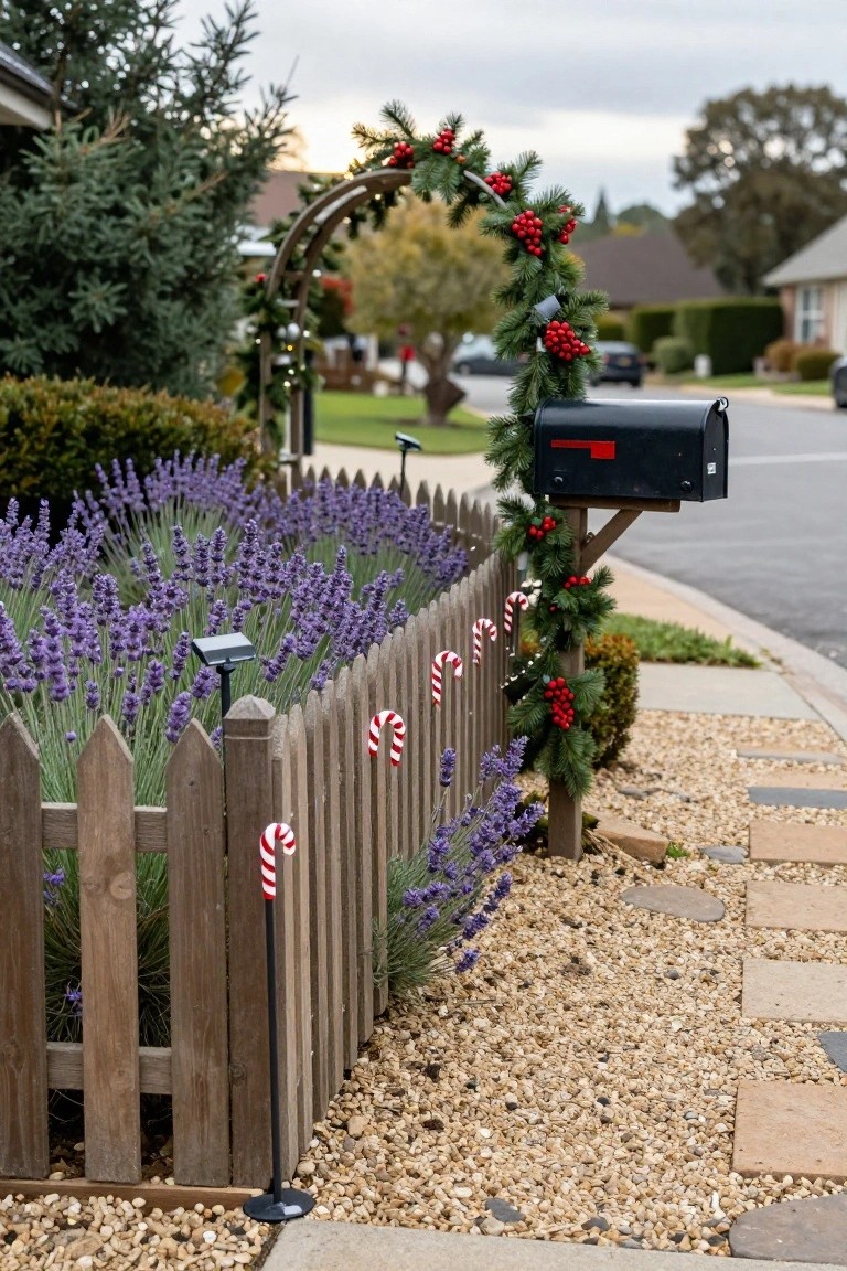 Wooden picket fence bordering a lavender garden bed decorated with red and white candy cane stakes, adjacent to a garland-wrapped mailbox and arched greenery entrance on a residential street.