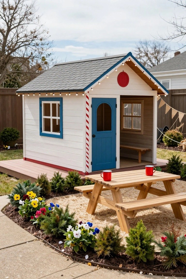 Small wooden playhouse painted white with red and white candy cane stripes on corners, blue arched door, string lights on roof, wooden bench and picnic table with red mugs on a deck surrounded by flowers and shrubs in a backyard.