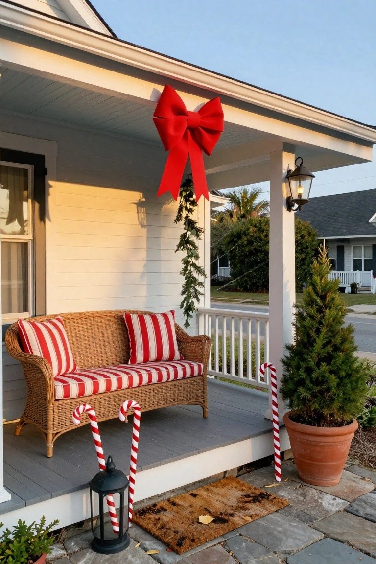 White house porch with wicker loveseat and red white striped cushions, large red white candy canes leaning nearby, large red bow overhead, garland draping down, potted small evergreen tree, lanterns, and stone paver floor.