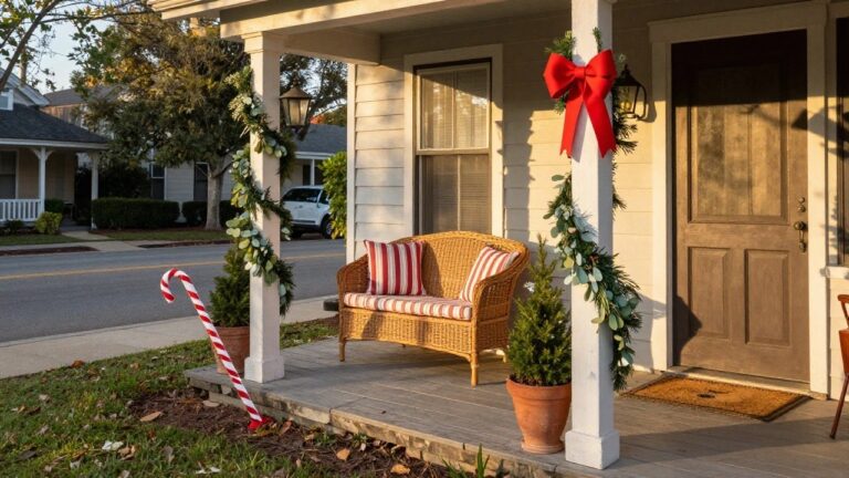White house porch with wicker loveseat and red white striped cushions, large red white candy canes leaning nearby, large red bow overhead, garland draping down, potted small evergreen tree, lanterns, and stone paver floor.