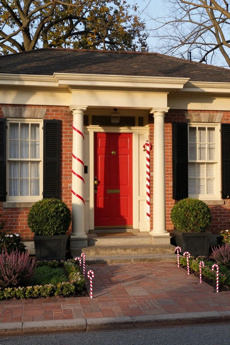 Yellow house with brick base, white columns wrapped in red-and-white candy cane stripes around a red front door, flanked by boxwood shrubs, with smaller candy cane stakes lining the brick pathway.