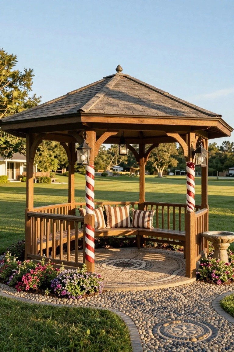 Wooden octagonal gazebo with red and white candy cane striped poles supporting the roof, built-in bench seating, hanging lanterns, flower beds, pebble path, and surrounding grass and trees in a backyard.