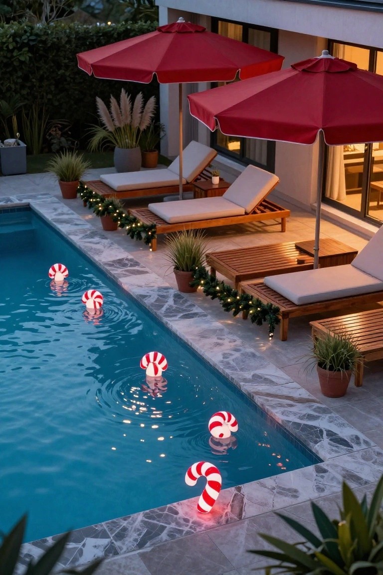 Backyard pool at dusk with multiple floating illuminated red-and-white candy cane decorations in the blue water, wooden loungers with cushions, red umbrellas, potted plants, garlands, and string lights along the tiled edge.