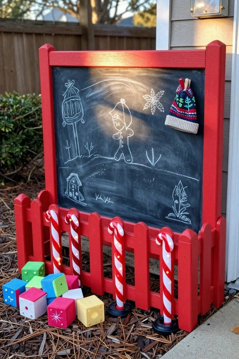 Red wooden easel chalkboard with chalk drawings of a gingerbread man, snowflakes, house, and birdhouse stands outdoors surrounded by lighted red and white candy cane picket fence stakes, colorful wooden blocks on mulch ground next to beige house siding and shrubs.