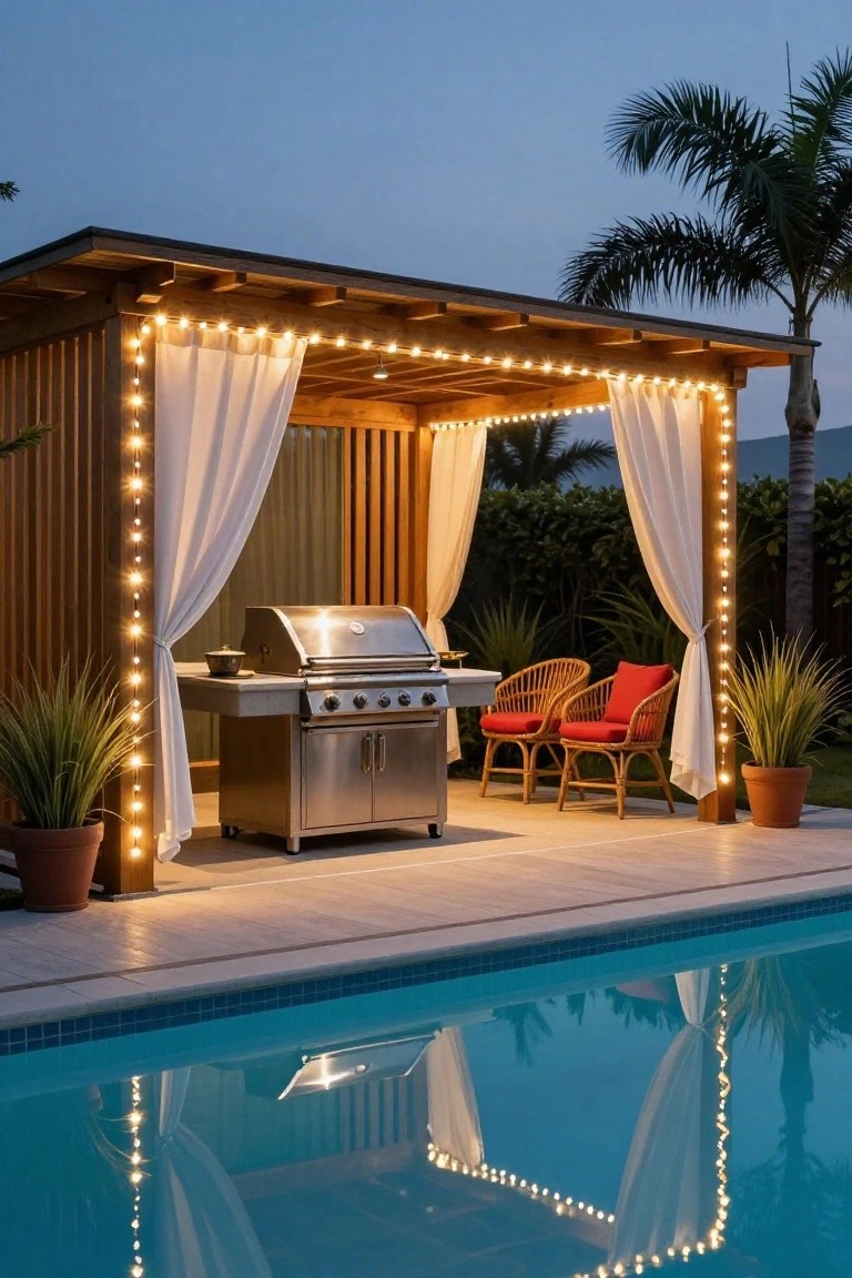 Wooden pergola structure with draped string lights and white curtains enclosing a stainless steel grill, two rattan chairs with red cushions, potted plants, and a swimming pool nearby at dusk with palm trees visible.