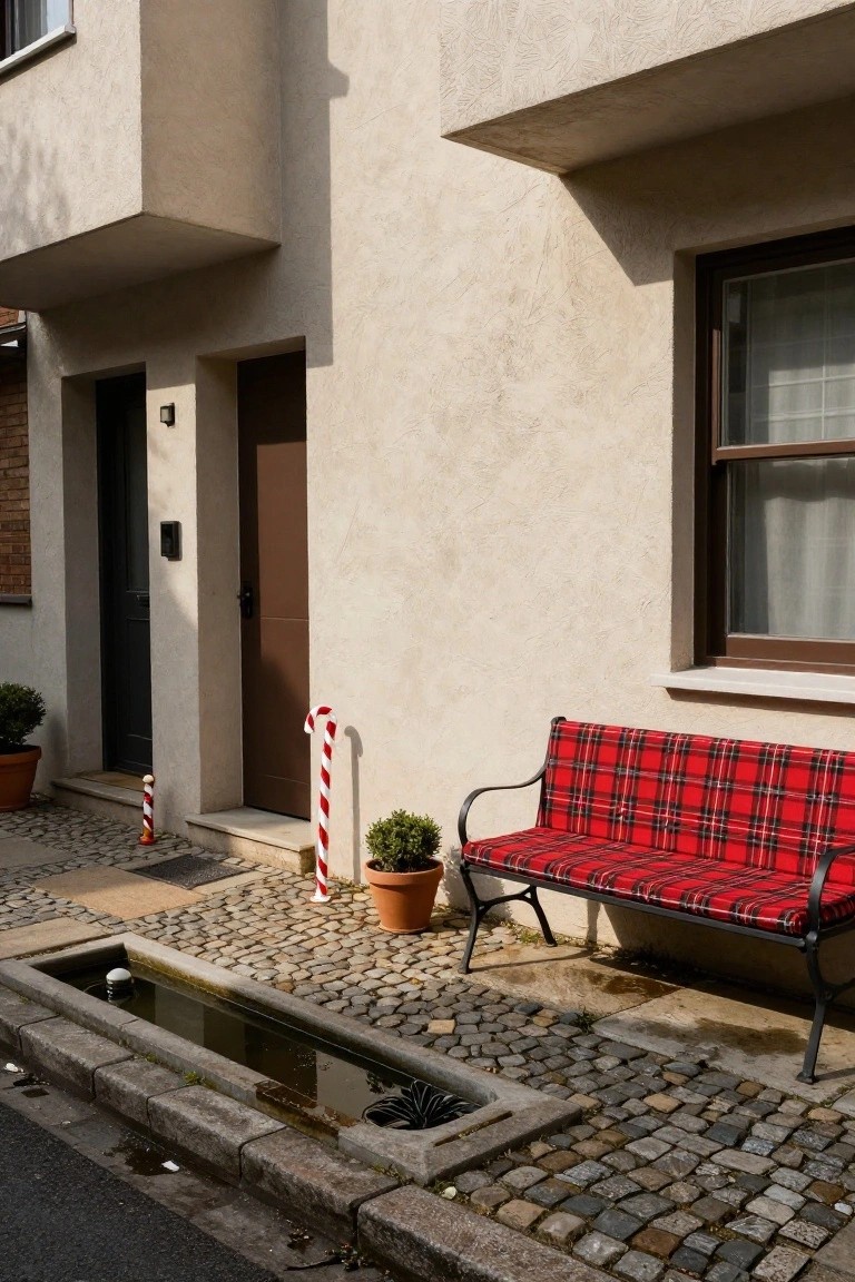 Beige stucco house exterior with two brown doors, a red plaid bench, tall and small red-and-white candy cane decorations, potted plants, a stone water trough, and a cobblestone path.