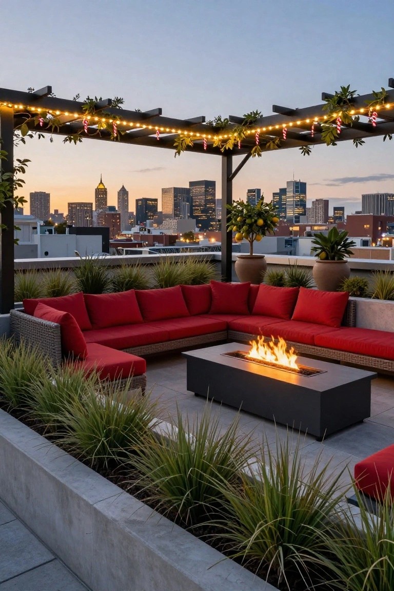 Rooftop terrace featuring a wooden pergola strung with white lights and red-and-white candy cane decorations, red outdoor sectional sofa around a linear gas fire table, potted plants, grasses in concrete planters, and city skyline at sunset.
