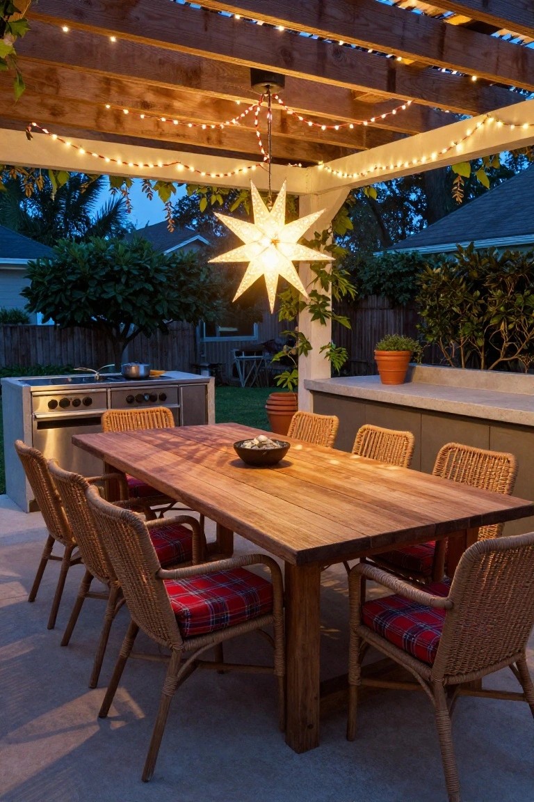 Wooden pergola over an outdoor dining area with draped string lights, a star-shaped pendant lamp, rattan chairs with plaid cushions at a rectangular wooden table, and an adjacent built-in grill kitchen.