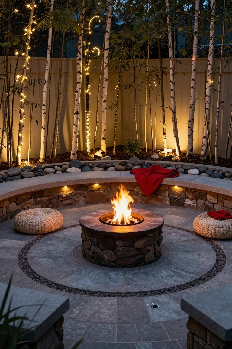 Curved stone bench surrounding a stone fire pit with flames, two wicker poufs, red blanket and napkin, birch trees wrapped in string lights, pebbles and plants on slate pavers in a backyard at dusk.