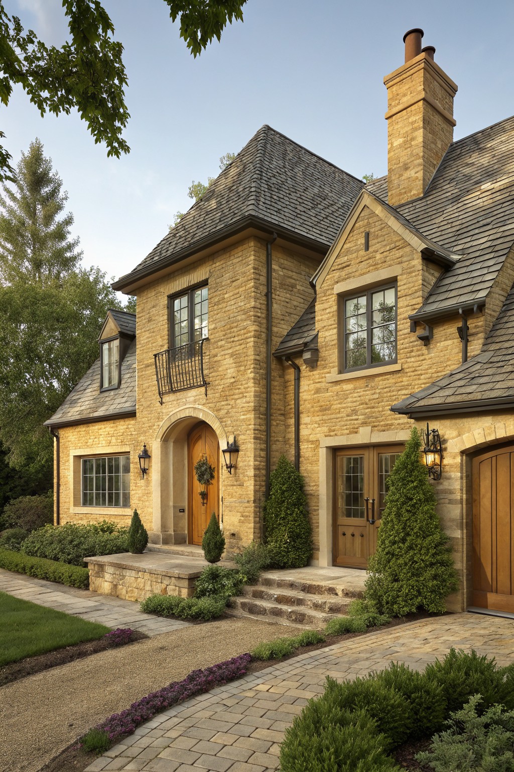 Two-story yellow brick house exterior with arched wooden entry door flanked by lanterns, wooden garage door, brick chimney, dark shingle roof, and landscaped path with plants.