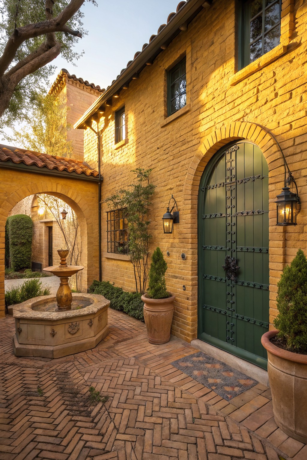 Yellow brick courtyard exterior featuring a large arched green wooden door with iron straps and handle, flanked by black lanterns, potted plants, a stone fountain, terracotta pavers, and an arched opening to another building.