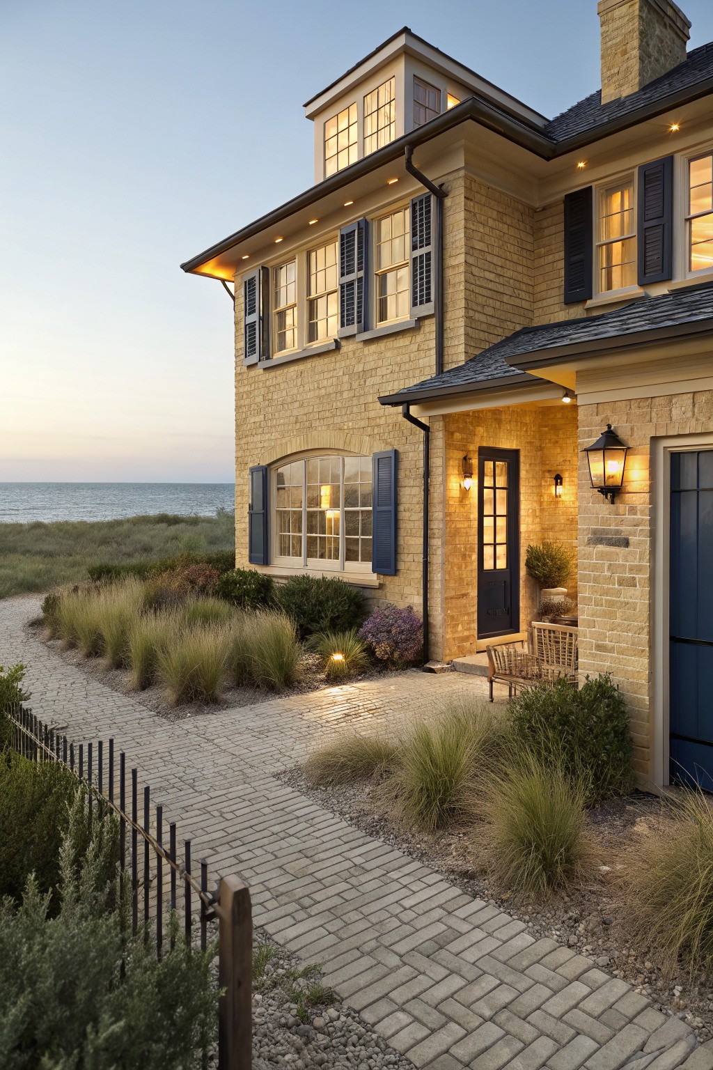 Textured yellow brick house exterior at dusk featuring dark shutters on windows, black front door with lanterns, wooden bench on porch, brick pathway, ornamental grasses, black fence, and ocean in background.