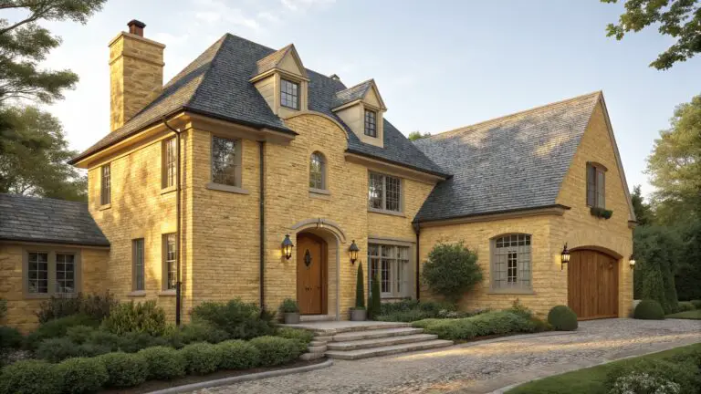 Two-story yellow brick house exterior with arched wooden entry door flanked by lanterns, wooden garage door, brick chimney, dark shingle roof, and landscaped path with plants.