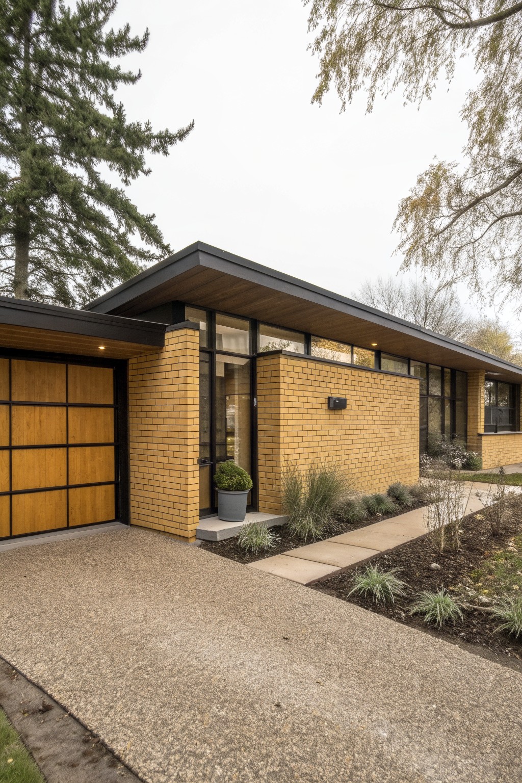 Single-story house exterior with yellow brick walls, black metal roof overhang and window frames, large clerestory windows, wooden garage door, gravel driveway, and sparse landscaping with trees nearby.