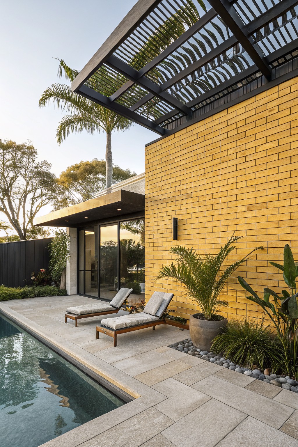Yellow textured brick house wall beside an in-ground pool with light gray tiled deck, two beige lounge chairs, potted plants, black metal slatted pergola overhead, glass entry doors, and palm trees in the background.