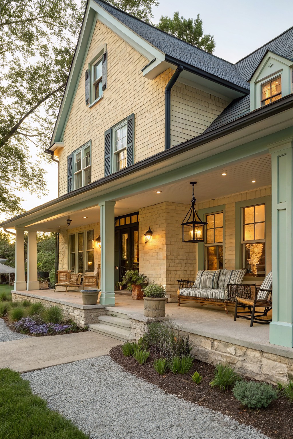 Two-story pale yellow shingle house with yellow brick base, green-trimmed wraparound porch featuring lanterns and seating, stone steps, gravel path, and plantings at dusk.