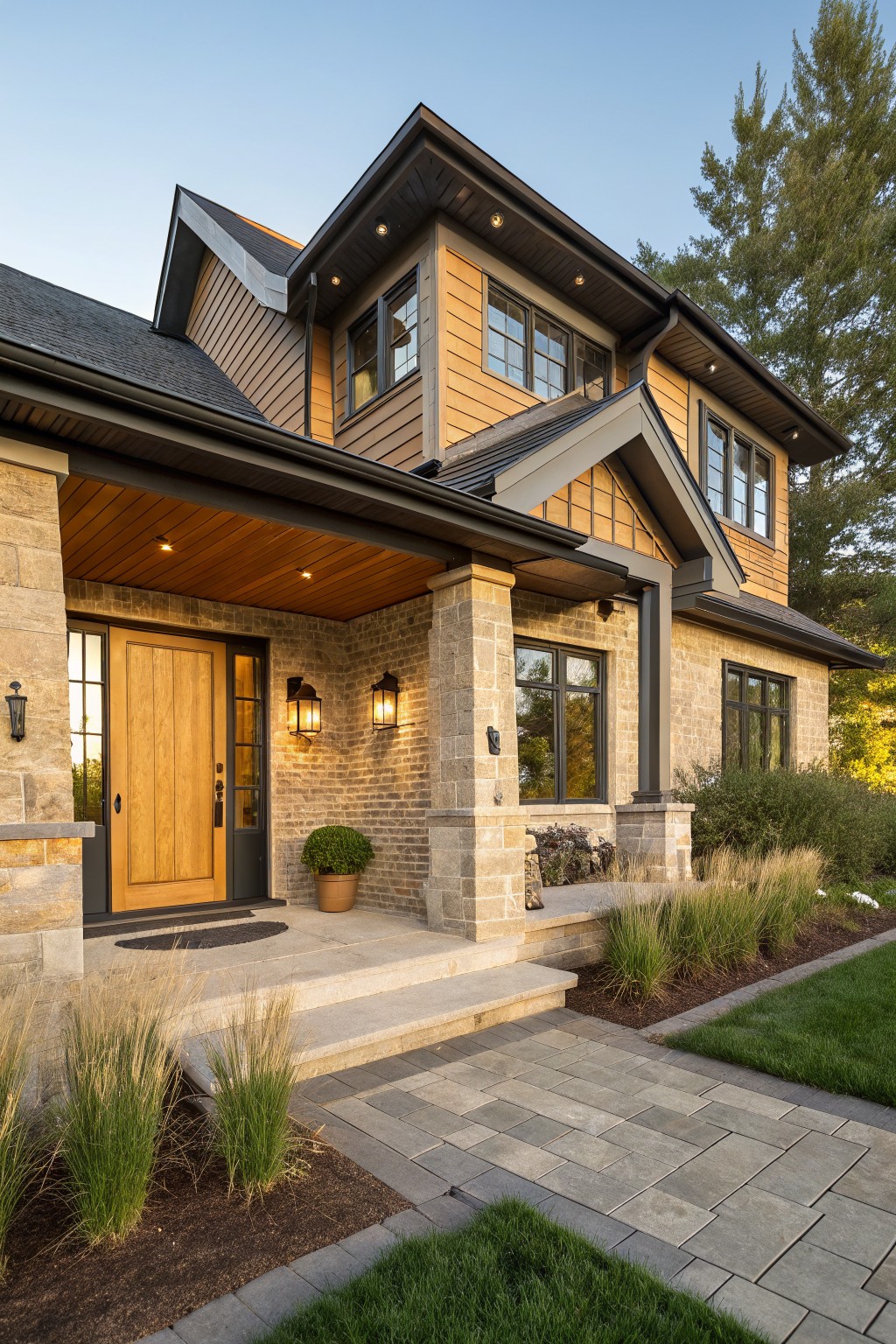 Two-story house exterior with textured yellow brick pillars and base supporting a covered porch, wooden front door, cedar siding on upper walls, black-framed windows, and low plantings along the stone pathway.