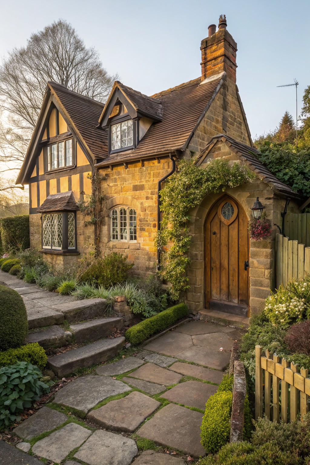 A small two-story yellow stone cottage with dark timber framing, an arched wooden door with round window, climbing ivy, flower baskets, stone steps, and garden plants along a flagstone path.