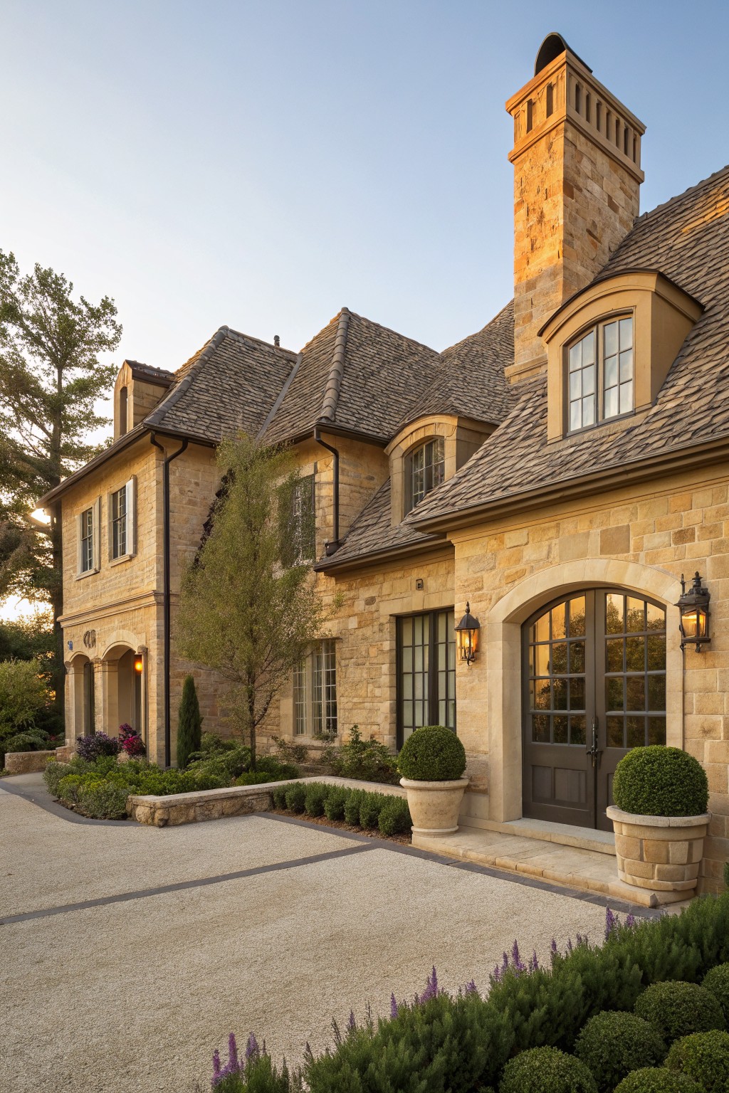 Beige textured limestone house exterior with slate roof, tall chimney, arched entry door flanked by lanterns and boxwood topiaries, gravel driveway, and low plantings in late afternoon light.