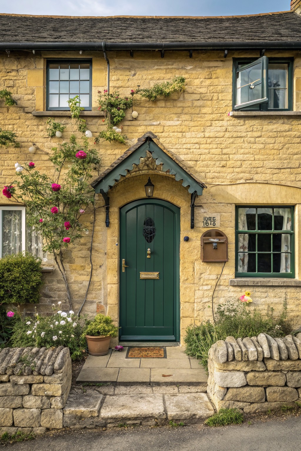 Yellow stone cottage exterior with dark green arched front door under hooded porch, climbing pink roses on walls, potted plants by stone steps, and low stone boundary walls.