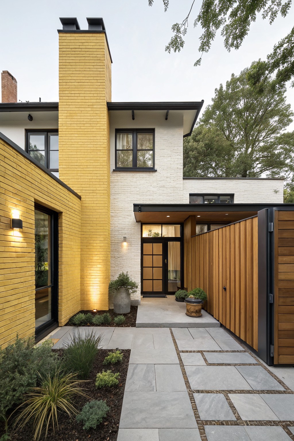 House exterior with tall yellow brick chimney next to white brick walls, black-framed windows, wooden sliding gate entry, and slate paver pathway edged with low plants.