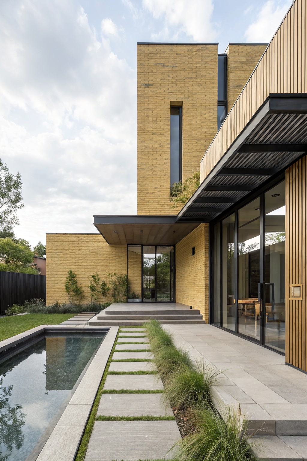 Yellow brick house exterior featuring vertical timber cladding, black metal frames, glass doors and windows, cantilevered wooden overhang, stone steps, pathway with grasses, and adjacent rectangular pool.