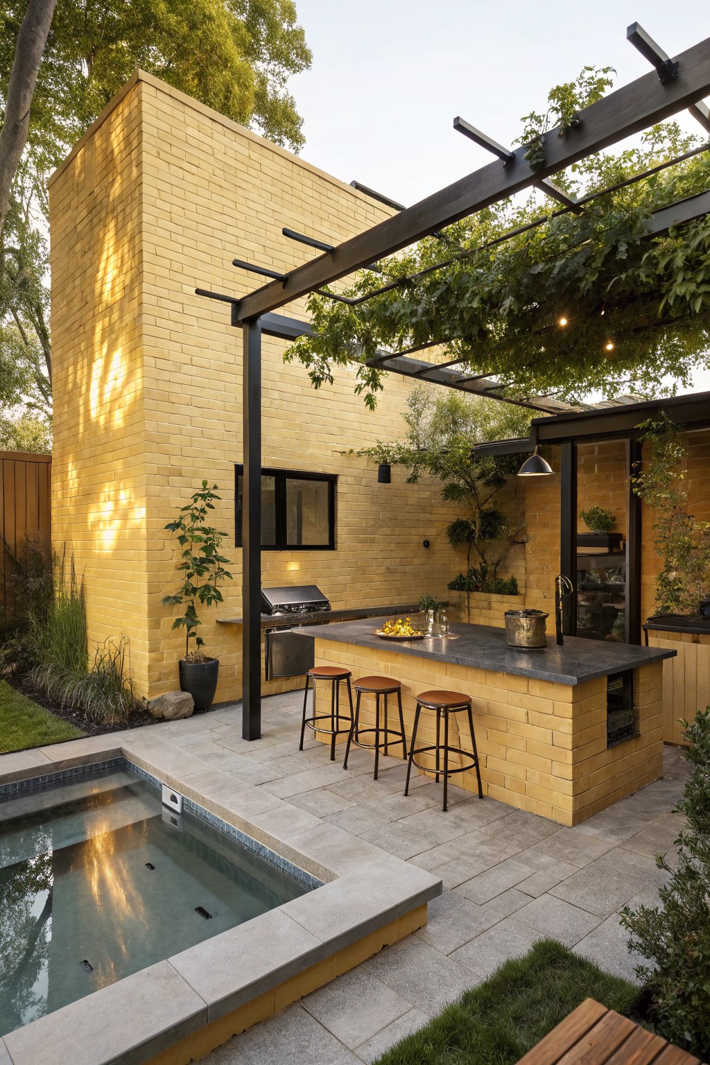 Yellow brick outdoor kitchen with black countertop, gas grill, sink, and three wooden bar stools under vine-covered black steel pergola, next to rectangular plunge pool on paved backyard patio.