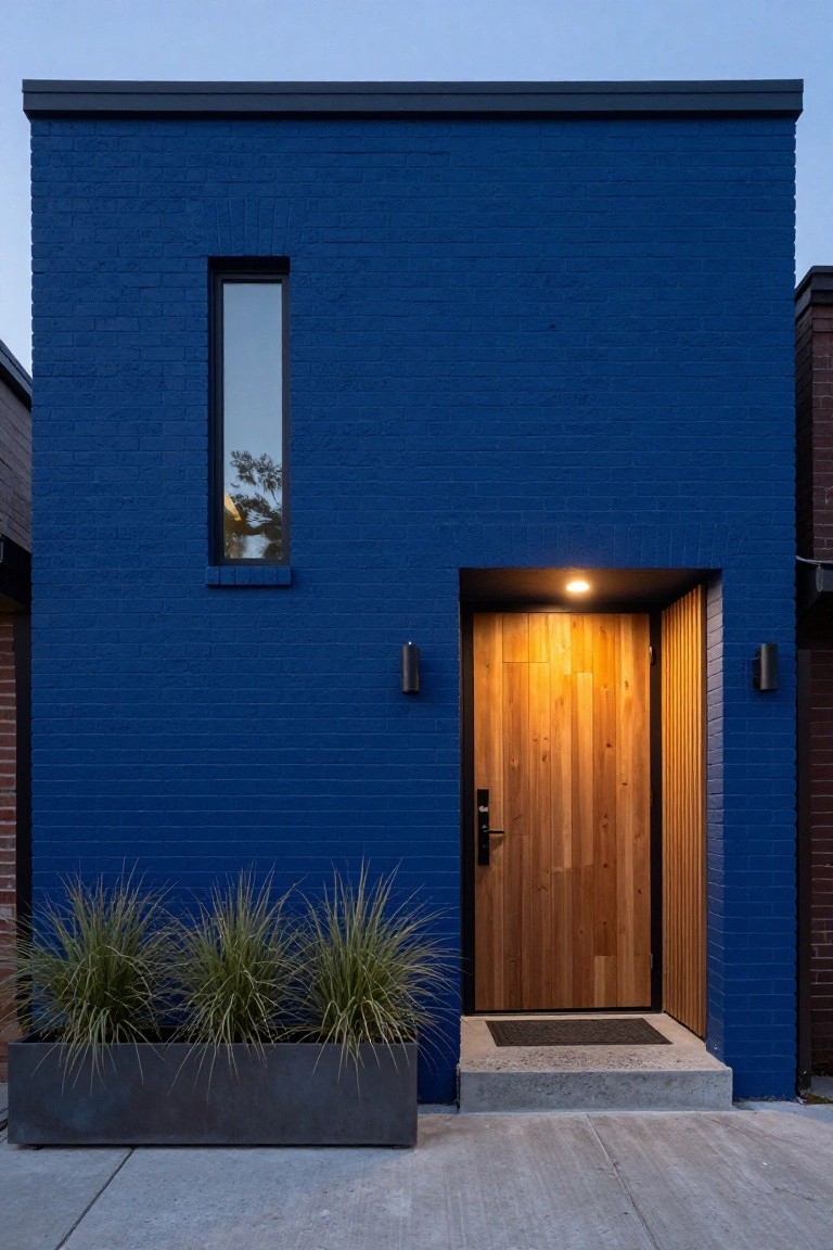 Blue brick house exterior at dusk with narrow black-framed window, wooden front door in black surround flanked by wall lights, grasses in tall metal planter box, concrete entry step and driveway.