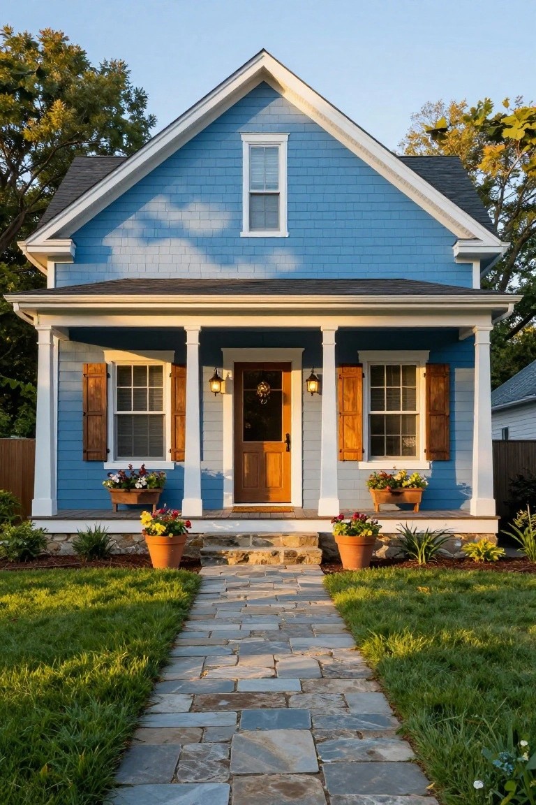 A two-story blue shingled house with white trim, wooden front door and shutters, covered front porch with columns, flower pots on porch and steps, stone walkway, and green lawn bordered by plants.