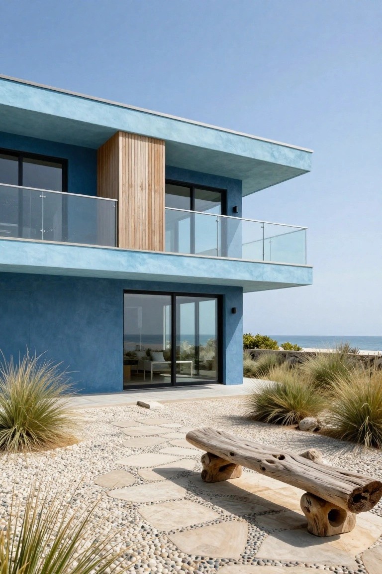 Two-story modern house with light blue stucco walls, vertical wooden slat panel on upper level, glass balcony and large sliding glass doors on lower level, gravel yard with stone path and driftwood bench amid beach grasses, ocean in background.