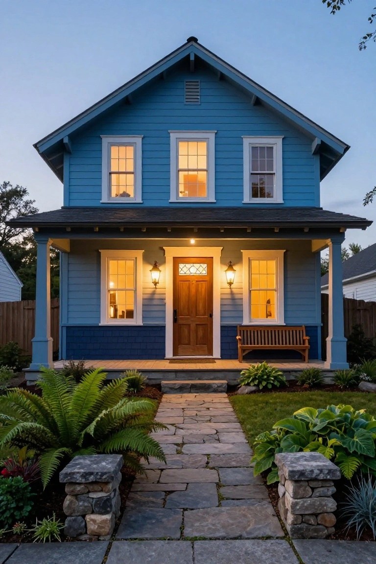 Two-story clapboard house painted in light blue upper siding and dark blue lower siding, with white trim, lit windows, wooden front door, porch bench, lanterns, and flagstone pathway through plant beds at dusk.