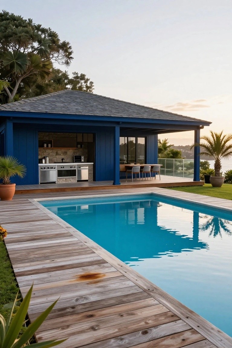 Navy blue gabled pavilion with open kitchen bar and appliances, slate roof, glass railing, wooden deck adjacent to turquoise rectangular pool, tropical palms, grass, and ocean view at sunset.