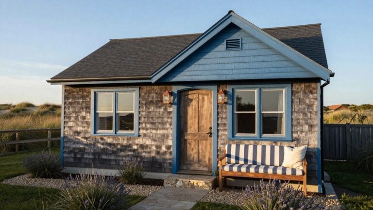 Small blue shingled house with white trim, navy front door, copper lantern light, wooden bench on stone steps, gravel pathway, and low grasses and lavender plants in front.