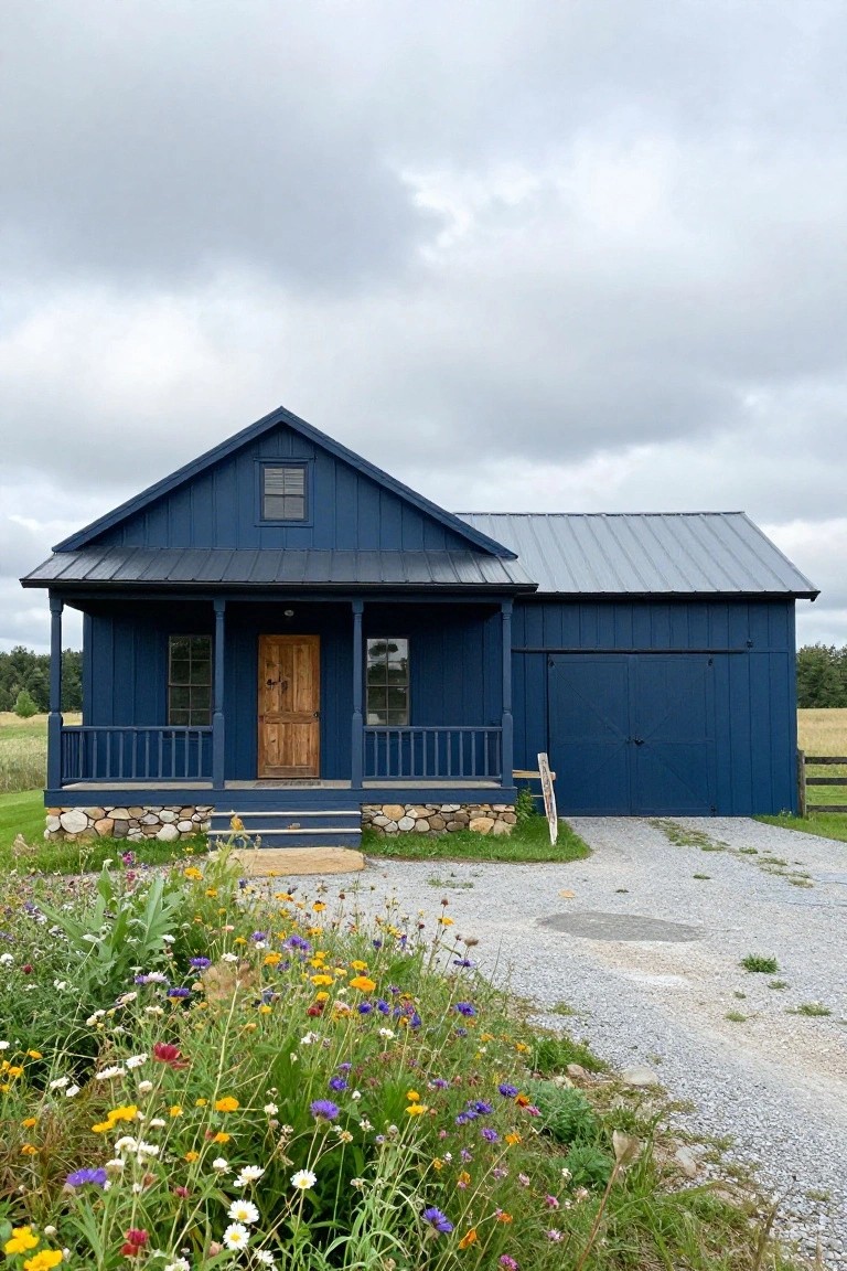 Dark blue board-and-batten house with gabled roof, metal roofing, covered porch, wooden front door, attached garage with blue doors, stone foundation, gravel driveway, wildflowers, and fields under cloudy sky.